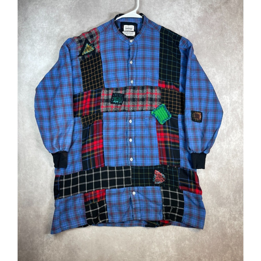 VTG Staley Gretzinger Shirt Womens XL Blue Bergdorf Handcrafted Patchwork USA